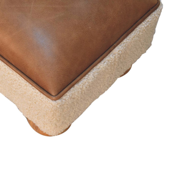 English Elm Solid Wood Vintage Leather Boucle Footstool – Artisan Crafted Modern Accent For Cozy Spaces B182P280796-GIGA