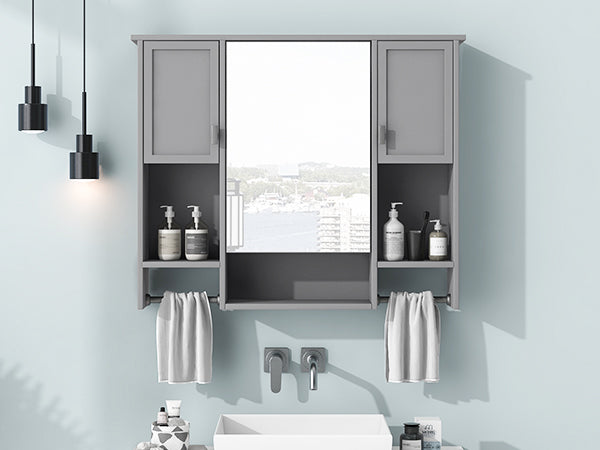 English Elm 35'' Modern Wall-Mounted Medicine Cabinet with Mirror, Ample Storage, Adjustable Shelves & Towel Bar Grey WF317173AAE