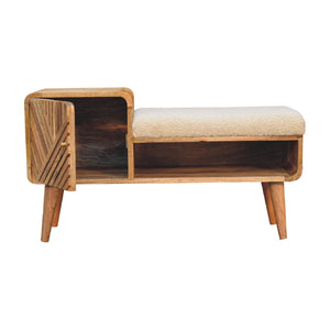 English Elm Solid Wood Boucle Upholstered Telephone Table With Carved Drawer & Open Shelf For Stylish Storage B182P280795-GIGA