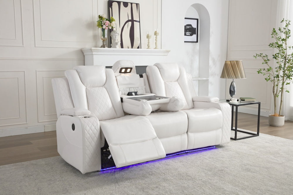 English Elm M070 Power Reclining Sofa with Led Lighting Usb Charging and Faux Leather Seating White W1805S00152
