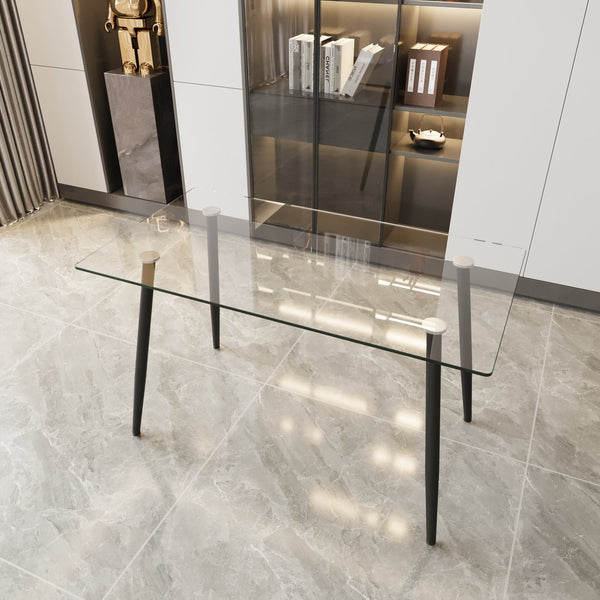 English Elm 51" Modern Minimalist Glass Dining Table for 4-6 — 8mm Tempered Top, Black Metal Legs, Easy Clean W2189P255605