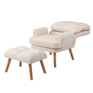 English Elm Accent Chair with Ottoman Set Beige Linen, Mid-Century Adjustable Wingback, Ergonomic Cozy Lounge Seat W561P167473