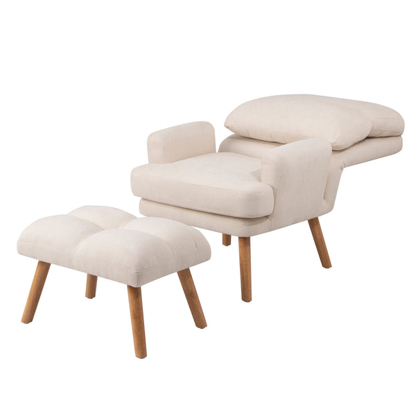 English Elm Accent Chair with Ottoman Set Beige Linen, Mid-Century Adjustable Wingback, Ergonomic Cozy Lounge Seat W561P167473