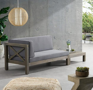 English Elm Brava Acacia Corner Bench Set with Coffee Table Outdoor Cross-back Slatted Design 57967.00DGY-64496.00GRY