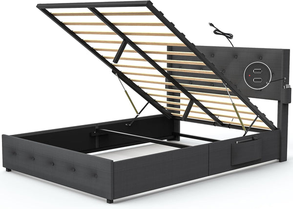 English Elm Queen Upholstered Storage Bed with Hydraulic Lift, Wingback Headboard, USB Ports & Deep Stash Dark Gray W1960S00006