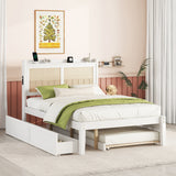 Hearth and Haven Lydia Full Size Bed with Rattan Headboard, Sockets and 2 Spacious Drawers, White LP000756AAK