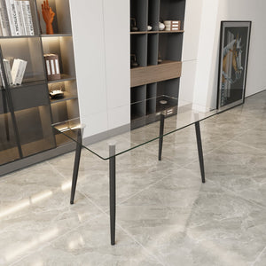 English Elm 51" Modern Minimalist Glass Dining Table for 4-6 — 8mm Tempered Top, Black Metal Legs, Easy Clean W2189P255605