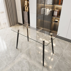 English Elm 51" Modern Minimalist Glass Dining Table for 4-6 — 8mm Tempered Top, Black Metal Legs, Easy Clean W2189P255605