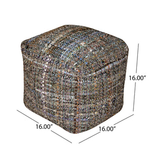 English Elm Koki Handcrafted Fabric Pouf Khaki – 20" Square Eco Recycled Denim Pouf with Braided Design, 250lb Capacity B181P162854