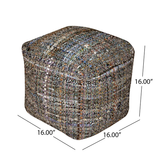 English Elm Koki Handcrafted Fabric Pouf Khaki – 20" Square Eco Recycled Denim Pouf with Braided Design, 250lb Capacity B181P162854