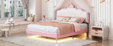 English Elm Full Size Upholstered Princess Bed With Crown Headboard,Full Size Platform Bed With Headboard and Footboard With Light Strips,Golden Metal Legs, White+Pink