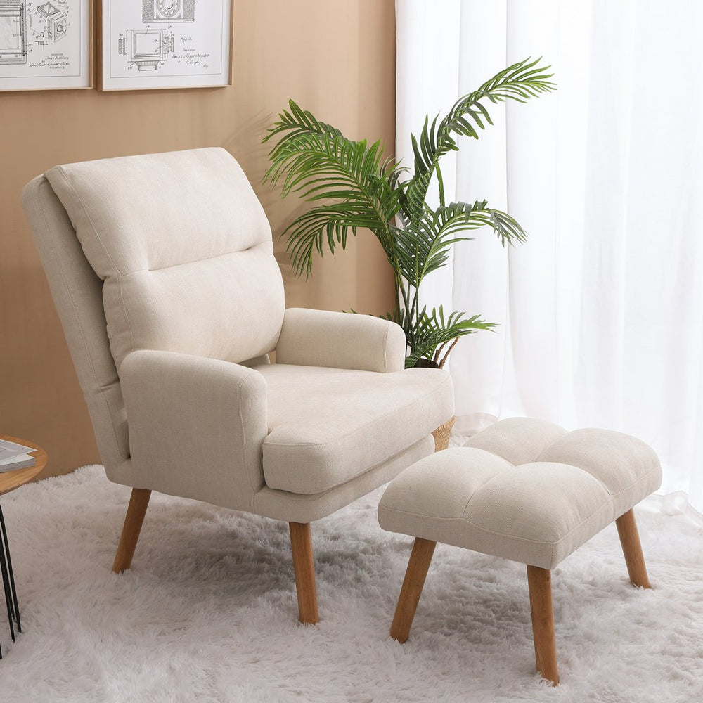 English Elm Accent Chair with Ottoman Set Beige Linen, Mid-Century Adjustable Wingback, Ergonomic Cozy Lounge Seat W561P167473