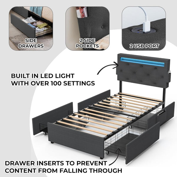English Elm Twin Storage Platform Bed with Rgb Led Headboard Usb Charging and Four Drawers W1960P175562