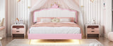 English Elm Full Size Upholstered Princess Bed With Crown Headboard,Full Size Platform Bed With Headboard and Footboard With Light Strips,Golden Metal Legs, White+Pink