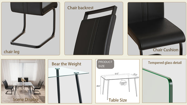 English Elm 51 Inch Glass Dining Table Set For 4 – Modern Rectangular Table & Pu Chairs For Small Spaces W2189S00267