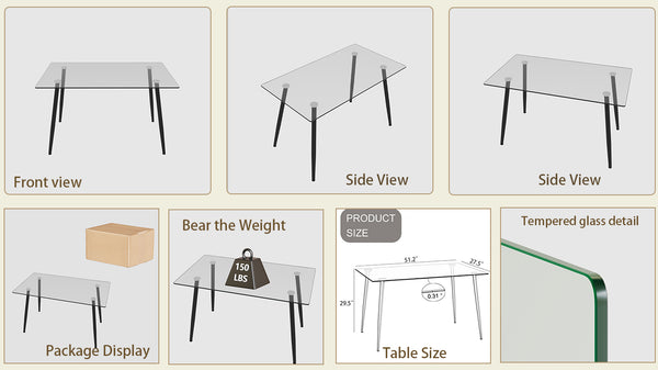 English Elm 51" Modern Minimalist Glass Dining Table for 4-6 — 8mm Tempered Top, Black Metal Legs, Easy Clean W2189P255605