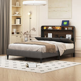 Full Size Upholstered Platform Bed with Storage Headboard, Sensor Light and a Set Of Sockets and Usb Ports, Linen Fabric