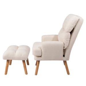 English Elm Accent Chair with Ottoman Set Beige Linen, Mid-Century Adjustable Wingback, Ergonomic Cozy Lounge Seat W561P167473