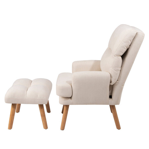 English Elm Accent Chair with Ottoman Set Beige Linen, Mid-Century Adjustable Wingback, Ergonomic Cozy Lounge Seat W561P167473