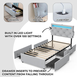 English Elm Twin Upholstered Bed Frame with Headboard, 4 Storage Drawers, USB Ports, RGB LED Mood Lighting W1960P175563