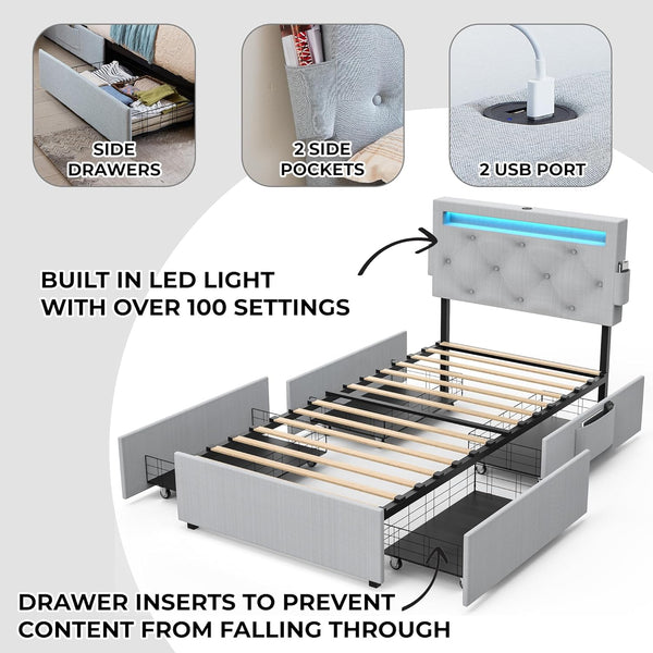 English Elm Twin Upholstered Bed Frame with Headboard, 4 Storage Drawers, USB Ports, RGB LED Mood Lighting W1960P175563