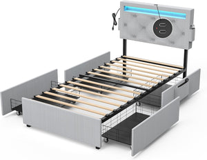 English Elm Twin Upholstered Bed Frame with Headboard, 4 Storage Drawers, USB Ports, RGB LED Mood Lighting W1960P175563