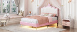 English Elm Twin Size Upholstered Princess Bed With Crown Headboard,Twin Size Platform Bed With Headboard and Footboard With Light Strips,Golden Metal Legs, White+Pink