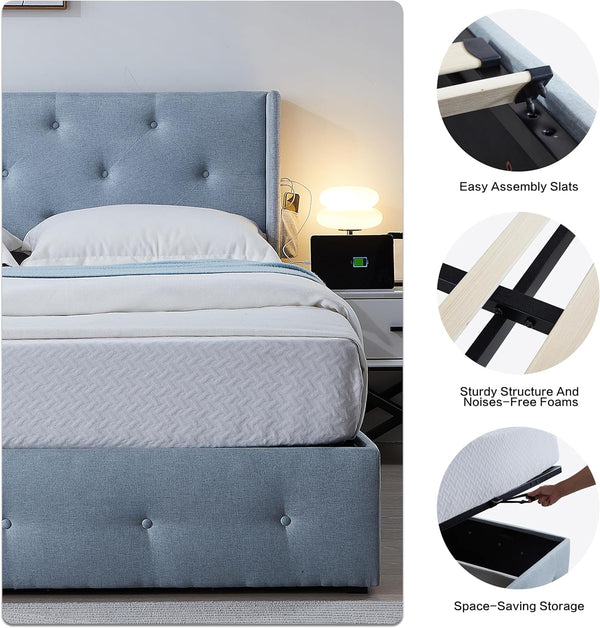 English Elm Full Size bed frame with gas lift storage, modern wingback channel headboard, USB ports included Light Gray W1960P176241