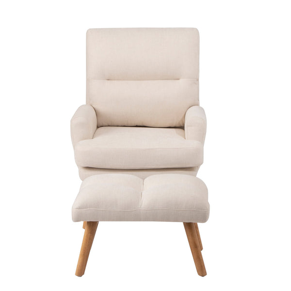 English Elm Accent Chair with Ottoman Set Beige Linen, Mid-Century Adjustable Wingback, Ergonomic Cozy Lounge Seat W561P167473