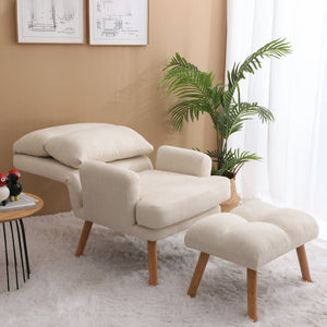 English Elm Accent Chair with Ottoman Set Beige Linen, Mid-Century Adjustable Wingback, Ergonomic Cozy Lounge Seat W561P167473