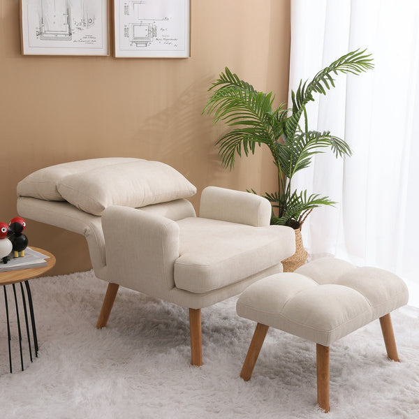 English Elm Accent Chair with Ottoman Set Beige Linen, Mid-Century Adjustable Wingback, Ergonomic Cozy Lounge Seat W561P167473