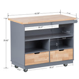 Hearth and Haven Rolling Kitchen Island with Storage, Two-Sided Kitchen Island Cart On Wheels with Wood Top, Wine and Spice Rack, Large Kitchen Cart with 2 Drawers, 3 Open Compartments, Grey Blue WF318964AAG