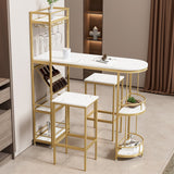 3 Pcs Bar Table and Chairs Set, Modern White Kitchen Bar Height Dining Table Wood Breakfast Pub Table with Gold Base with Shelves, Glass Rack, Wine Bottle Rack , With 2 Bar Stools