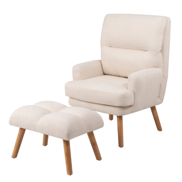 English Elm Accent Chair with Ottoman Set Beige Linen, Mid-Century Adjustable Wingback, Ergonomic Cozy Lounge Seat W561P167473