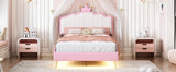 English Elm Twin Size Upholstered Princess Bed With Crown Headboard,Twin Size Platform Bed With Headboard and Footboard With Light Strips,Golden Metal Legs, White+Pink