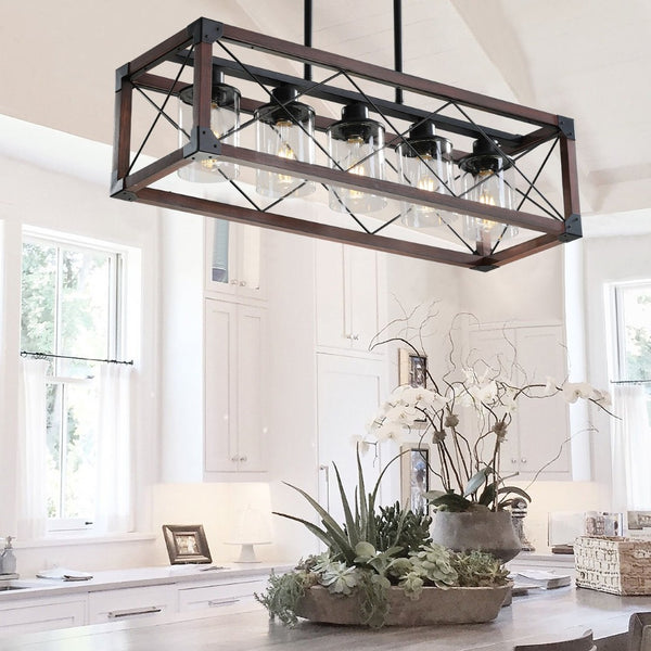 English Elm (same as W1340p155971) Redwood Iron 5-light Rectangle Chandelier for Kitchen Island Dining W1340P206646