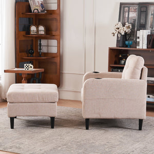 English Elm Beige Tufted Upholstered Armchair with Storage Ottoman, Cup Holders & Side Pocket for Living Space W1901P149127