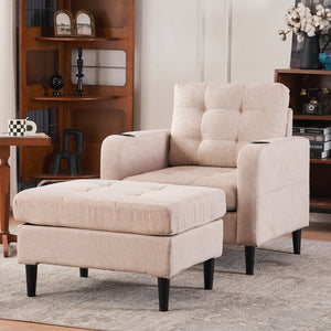 English Elm Beige Tufted Upholstered Armchair with Storage Ottoman, Cup Holders & Side Pocket for Living Space W1901P149127