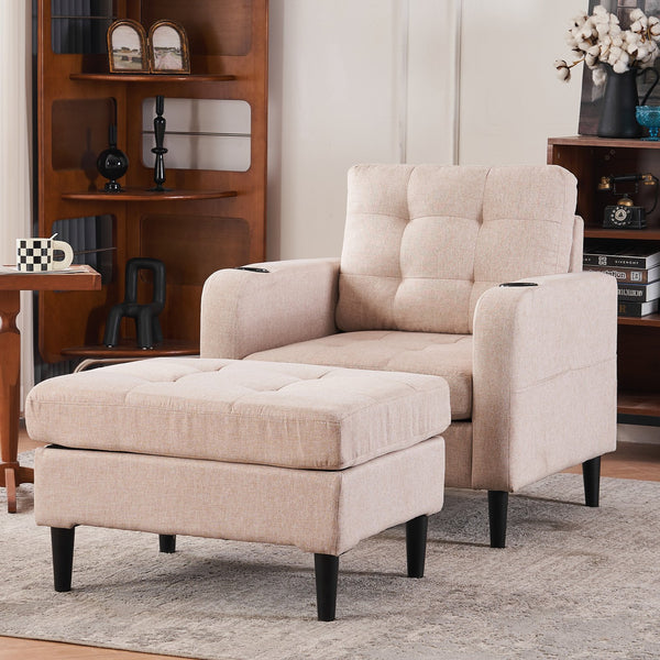 English Elm Beige Tufted Upholstered Armchair with Storage Ottoman, Cup Holders & Side Pocket for Living Space W1901P149127