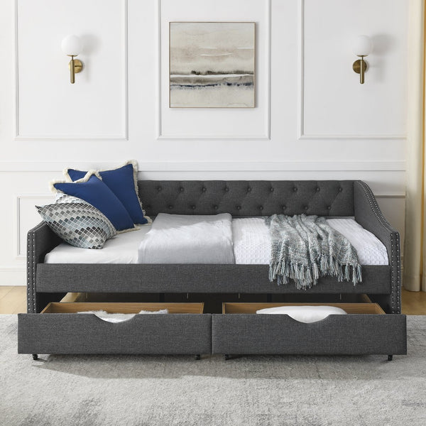 English Elm Full Size Daybed With Drawers - Elegant Tufted Sofa Bed, Copper Nail Trim & Space-Saving Design W1413S00032