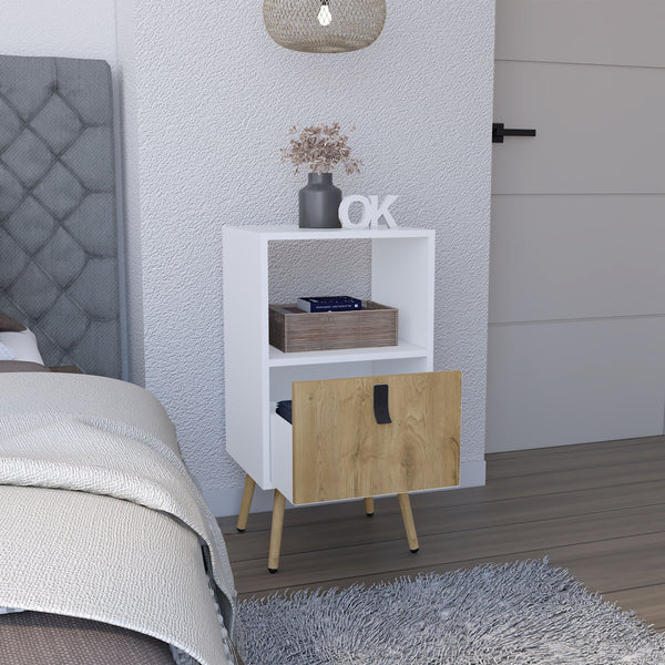 English Elm Tall Nightstand MWM9901 29"H White+Walnut – Modern Pine MDF Nightstand with Drawer, Open Shelf, Durable Finish B097P167469