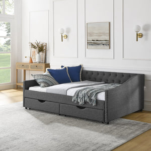 English Elm Full Size Daybed With Drawers - Elegant Tufted Sofa Bed, Copper Nail Trim & Space-Saving Design W1413S00032
