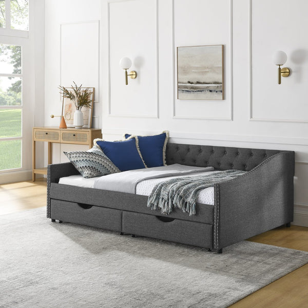 English Elm Full Size Daybed With Drawers - Elegant Tufted Sofa Bed, Copper Nail Trim & Space-Saving Design W1413S00032