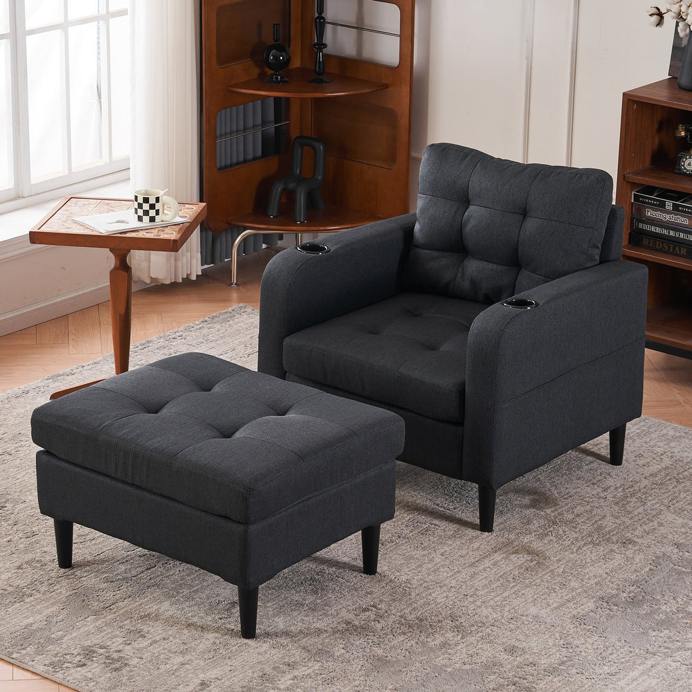 English Elm Dark Gray Tufted Upholstered Armchair with Storage Ottoman, Cup Holders, Side Pocket & Metal Frame W1901P149126