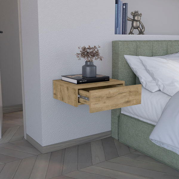 English Elm Floating Nightstand Wall-Mounted Bedside Shelf with Drawer and Spacious Top Surface for Small Rooms Beige 20.07 L x 16.9 W x 3.54 H B097P167435