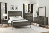 English Elm Contemporary Three-Tone Gray Finish Nightstand Perched Atop Metal Legs Acacia Veneer Modern Bedroom Furniture