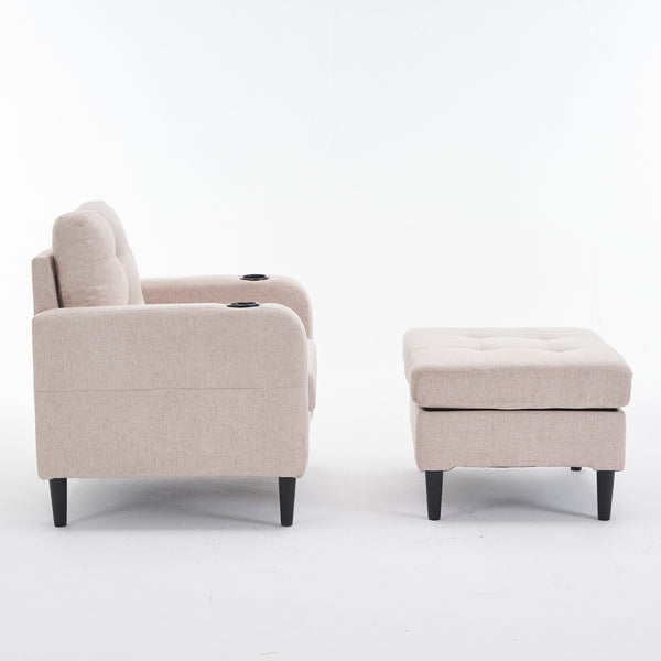 English Elm Beige Tufted Upholstered Armchair with Storage Ottoman, Cup Holders & Side Pocket for Living Space W1901P149127