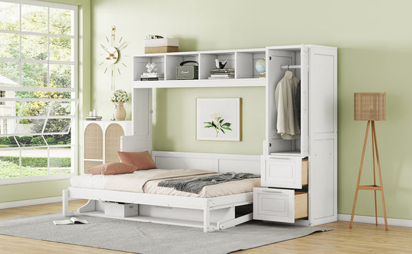English Elm Full Size Murphy Wall Bed with Wardrobe Drawers Studio Apartment Space Saver LP000792AAK-1