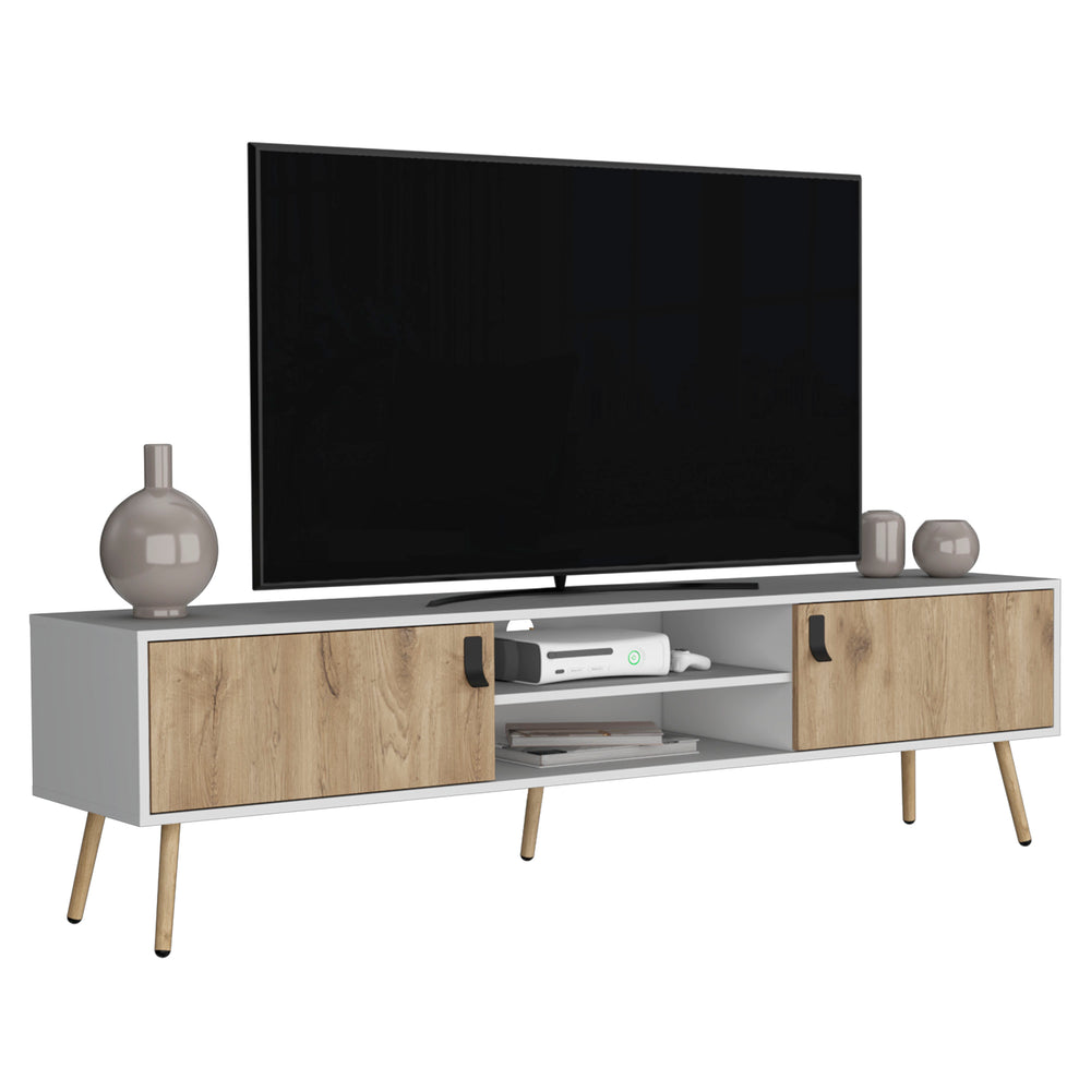 English Elm Toka White+Walnut TV Rack with 2 Hinged Doors, 4 Shelves, Pine Build, Elegant Storage & Stability B097P167454