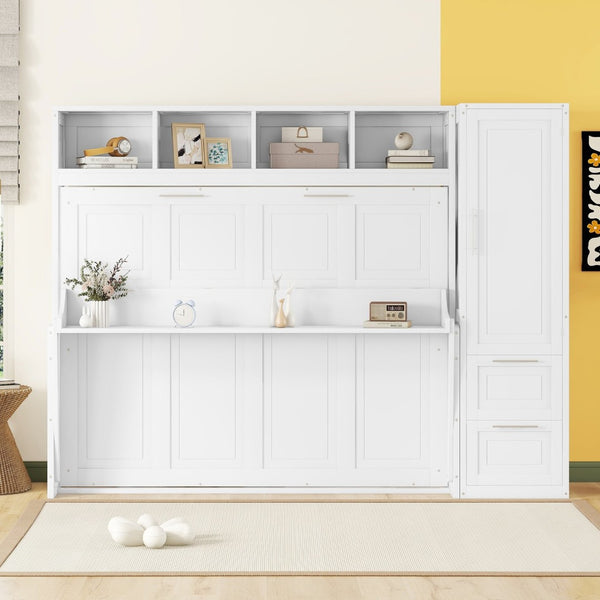 English Elm Queen Murphy Wall Bed with Integrated Wardrobe and Drawers for Studio or Guest Room White LP000793AAK-1